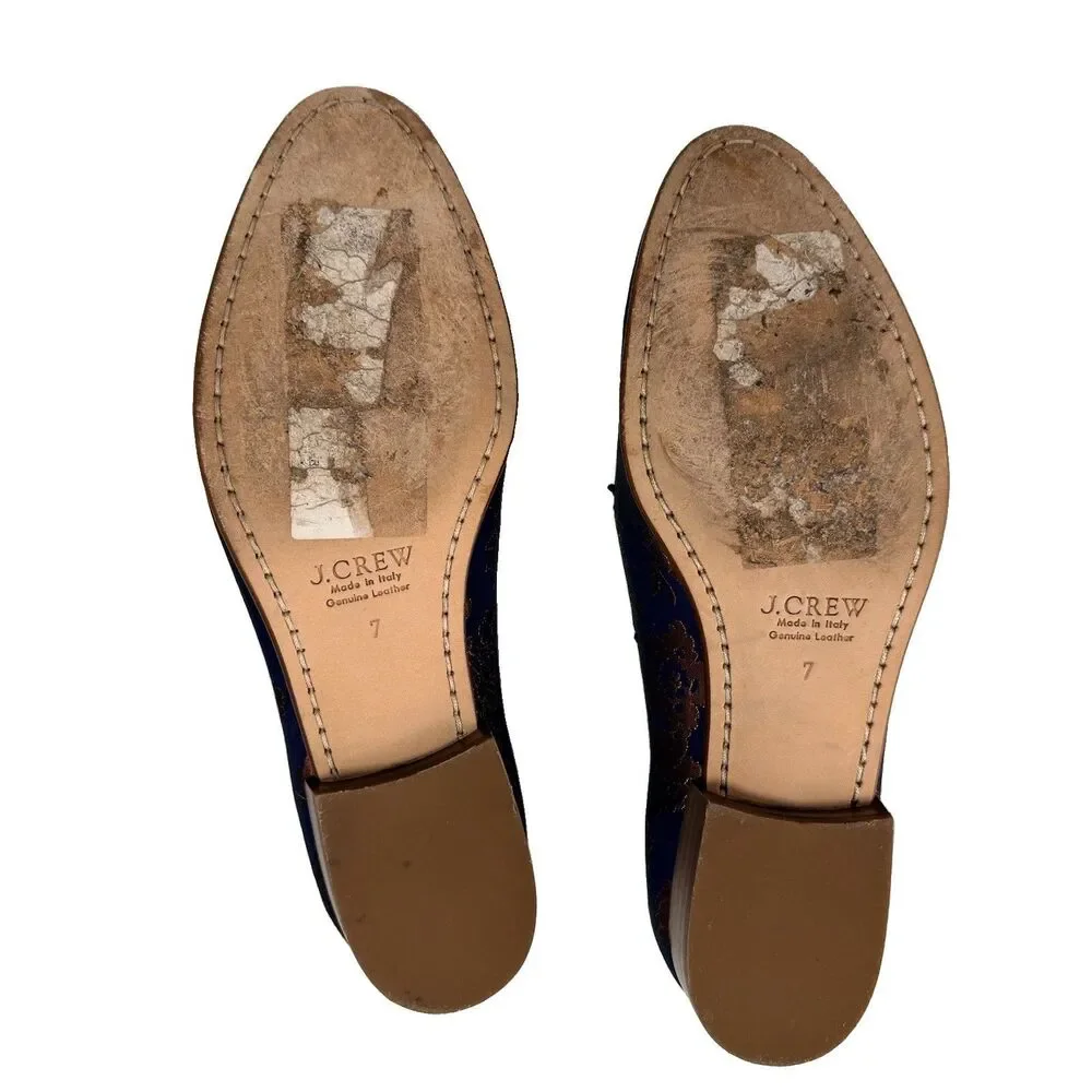 J. Crew Navy & Copper Orange Metallic Jacquard Tasseled Leather Sole Loafer Sz 7